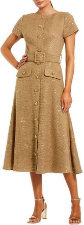 Mac Duggal Boucle Cap Sleeve High Neck Button Up Midi Dress in Toffee at Nordstrom, Size 16
