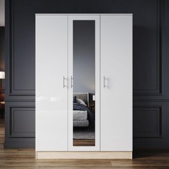 Elegant Lighting Wardrobes 3 Door High Gloss Door with Large Storage Bedroom Furniture Capacity Multi Compartment with Mirror White/Oak 1200 x 500 x 1800mm - Elegant