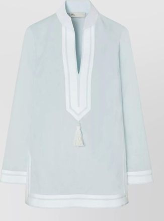 Tory Burch tunic top contrast trim tassel neckline
