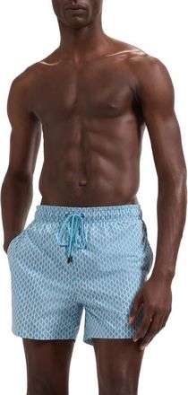 Bugatchi Cruz Print Swim Trunks in Teal at Nordstrom, Size Xx-Large