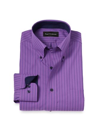 Paul Fredrick Tailored Fit Non-iron Cotton Stripe Dress Shirt With Contrast Trim