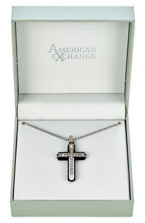 American Exchange Mens Crystal Studded Cross Pendant Necklace in Silver/Black at Nordstrom Rack