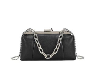 Generic Elegant Chain Clutch Handbag, Black Leather with Silver Hardware, Metal Frame Clasp