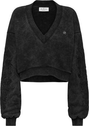 Philipp Plein Washed V-Neck Sweatshirt Piercing - Dames - Sweatshirts - Zwart - S - Katoen - Hoodies & sweatvesten