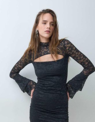 Monki abito mini in pizzo con maniche lunghe e bolero nero