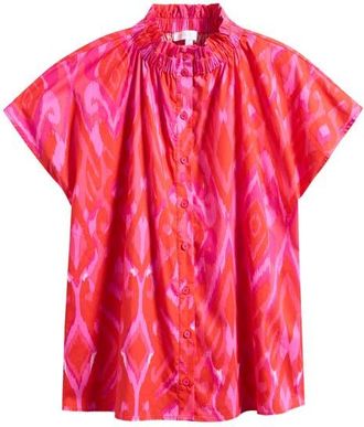 Sugarlips Blevin Ikat Patma Button-Up Mock Neck Top in Red-Pink-Combo at Nordstrom, Size 1 X