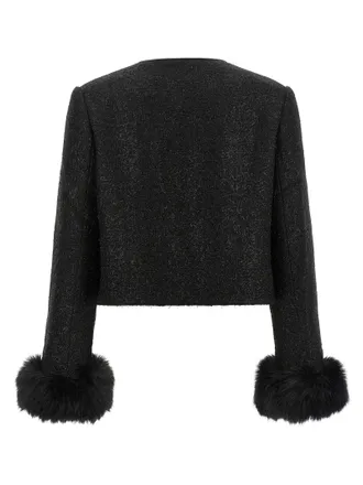 Self Portrait Boucl&eacute; Wool Blend with Fur Cuffs Jacket - Black