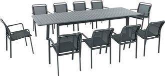 Vente-Unique Comedor de jard&iacute;n de aluminio: mesa extensible L.205/286.5 cm y 10 sillones apilables - Gris oscuro - VELYRA de MYLIA