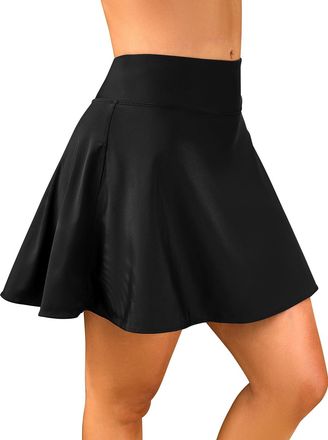 SHEKINI Womens Skirted Bikini Bottoms High Waisted Period Swim Skirt with Liner Shorts Pocket Stretch Swimming Skorts, Black, M