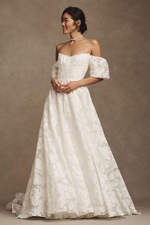 Jenny Yoo Jenny by Jenny Yoo Holden Off-The-Shoulder Corset Floral Lace Ball-Skirt Wedding Gown