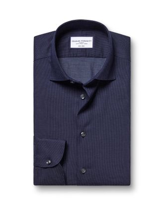 CHARLES TYRWHITT Semi-Cutaway Collar Non-Iron Stretch Dot Texture Cotton Formal Shirt - French Blue Single Cuff Size Large by Charles Tyrwhitt