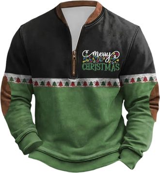 Generic Mens Christmas Jumpers 1/4 Zip Fleece Ugly Christmas Sweatshirt Pullover Men Long Sleeve Plus Size Funny Printed Xmas Jumper Winter Thermal Warm Cosy 
