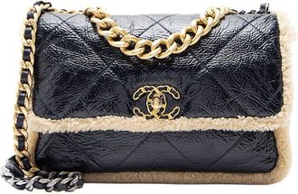 Chanel Beige & Black Leather, Shearling & Shiny Calfskin 19 Medium Flap Shoulder Bag (Authentic Pre-Loved)