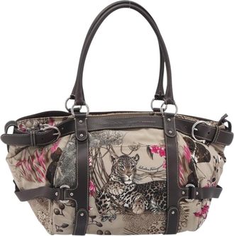 Ferragamo Convertible Belted Boston Fiera Printed Nylon With Leather Beige Nylon Handbag (Pre-Owned)