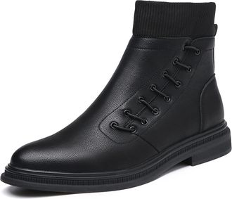 Generic Mens Chelsea Boot Side lace Elastic Bandage Side Zip Genuine Leather Slip On Wearable Non Anti-slip Waterproof Fashion Slip On(Black Lined,6.5 UK)