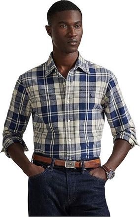 Polo Ralph Lauren Classic Fit Plaid Brushed Oxford Shirt Mens Special Occasion Off-white/Navy : 2XL, Cotton