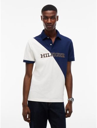 Tommy Hilfiger Mens Regular Fit Diagonal Colorblock Polo - Ivory Petal/Carbon Navy - XXXL