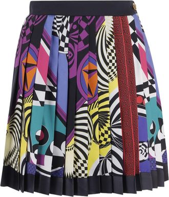 Versace Multi Pleated Medusa Button Silk Mini Skirt