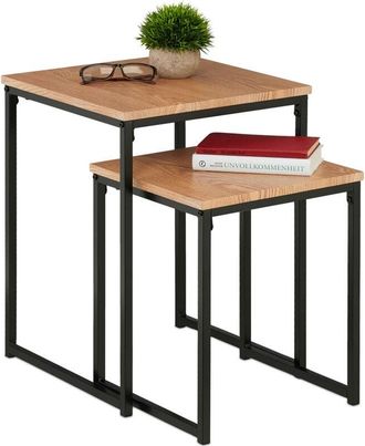 Relaxdays Relaxdays - Side Table Set of 3, Stackable, 3 Sizes, Coffee Counter, Square, Metal, Living Room Decor, Light Brown/Black