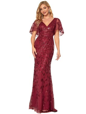 Ever-pretty Womens Elegant Mermaid Ruffle Sleeve V Neck Shiny Maxi Wedding Party Dresses Burgundy 10UK