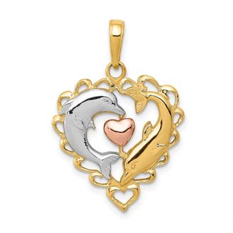 Diamond2Deal 14k Two-tone Gold White Rhodium Dolphins In Heart Pendant
