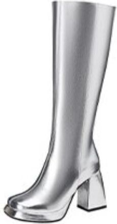 Generic Women Knee High Metallic PU Leather Square Toe Fashion Boots Block Heels Side Zip Glossy Solid Color Comfortable Durable,Silver,7.5 UK