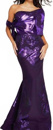 Jovani Strapless Floral Metallic Prom Gown In Purple