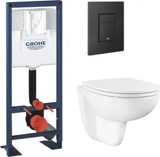 GROHE Paquete De Soporte De Soporte De Ancho Reducido Grohe Rapid Sl + Inodoro Colgante Sin Reborde Bauceramic + Placa De Control Negro Mate