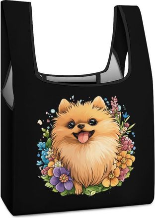 Generic Cute Pomeranian Flowers Floral Shopping Bag Reusable Grocery Tote Bag Foldable Handbag for Travel Picnic