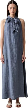 Vicolo Jurk met strikdetail en halternek - Dames - Maxi kleedjes - Blauw - L - Linnen - Kleedjes
