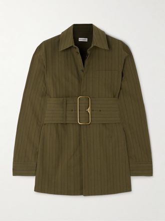 Burberry Camicia Gessata In Popeline Di Cotone Con Cintura - Verde
