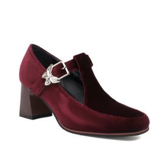 Generic Womens Velvet T Strap Pumps Butterfly Buckle Detail Square Toe Chunky Block Heel Non Slip Durable Comfortable Dress Daily Shoes,Red,4.5 UK