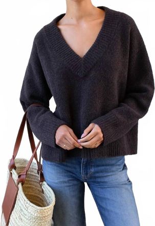 Emerson Fry Boxy Boucle V-Neck Sweater In Dark Cocoa