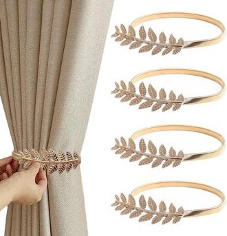 No Brand Sujetadores De Cortinas - Juego De 4 Pinzas Para Cortinas Con Forma De Hoja Dorada Y Cord&oacute;n Ajustable Para El Hogar, Hotel, Dormitorio Y Oficina