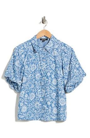 Nicole Miller Floral Puff Sleeve Button-Up Shirt in Blue Steel Floral Print at Nordstrom Rack, Size X-Large