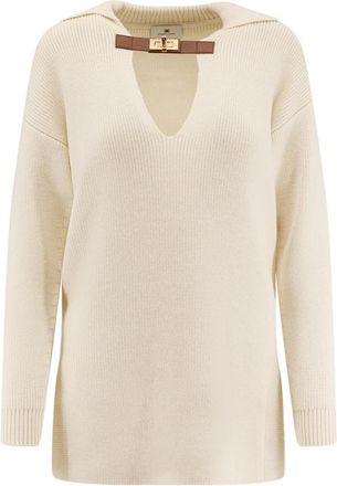 Elisabetta Franchi V-hals trui met leren tailleband - Dames - V-hals truien - Wit - M - Wol - Truien & Vesten