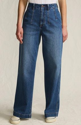 Lands End Petite Soft Denim High Rise Wide Leg Top Stitch Trousers in Indigo Tide Blue at Nordstrom, Size 16