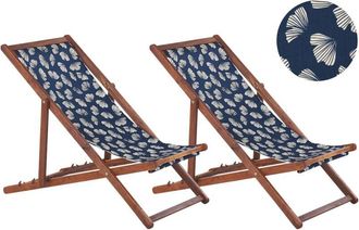 Beliani Set of 2 Folding Deck Chairs ANZIO with Replacement Fabrics Floral Motif Acacia Wood Dark Brown