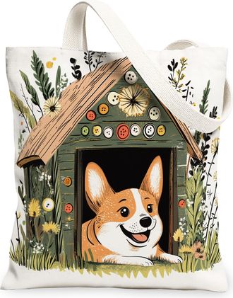 Generic Spring Corgi Dog Canvas Tote Bag for Shopping 13x15, Fun Flower Puppy Kennel Reusable Grocery Print Pattern Bag for Women, Cute Pet Beach Aesthetic Pa