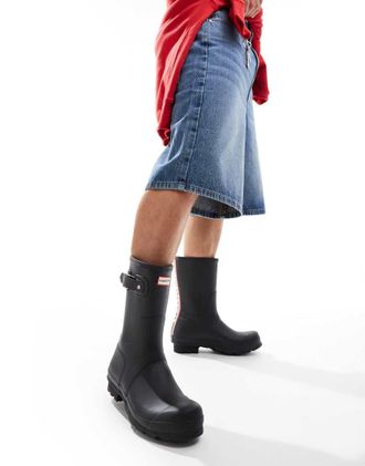 Hunter Original - Stivali da pioggia bassi neri con logo tricolore e cinturino posteriore-Nero