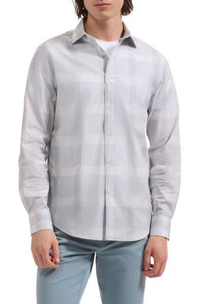 Bugatchi Axel Shaped Fit Glen Plaid Stretch Cotton Button-Up Shirt in Shark at Nordstrom, Size Xxx-Large