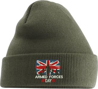 Generic Embroidered Armed Forces Day & Veterans Day British Flag Beanie Cap - Unisex Gift - Military Green
