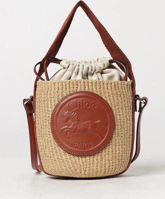 Chlo&eacute; Mini borsa a secchiello Horse Medal in rafia bicolore con tracolla