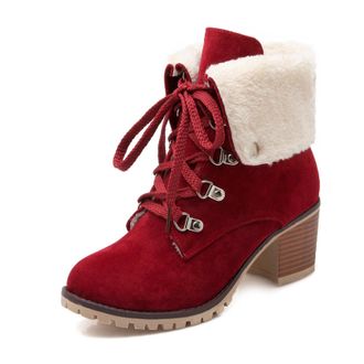 Generic Womens Block High Heel Platform Booties Faux Suede Winter Short Boots Lace Up Casual Ankle Boots,Red,5.5 UK