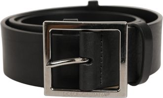 Dolce & Gabbana Black Leather Silver Tone Square Buckle Mens Belt (Pre-Owned)