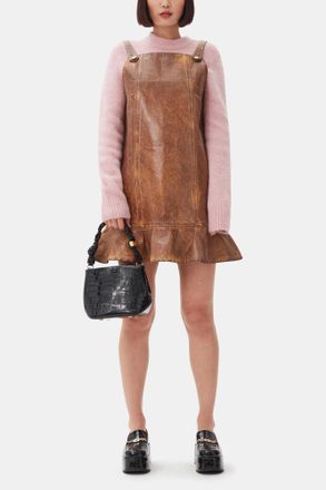 Ganni Brown Foil Denim Mini Dress - Size 34 Organic Cotton