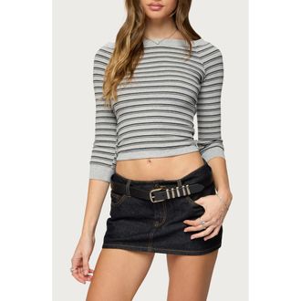 Edikted Imelde Stripe Boat Neck Crop Top in Gray-Melange at Nordstrom, Size X-Large
