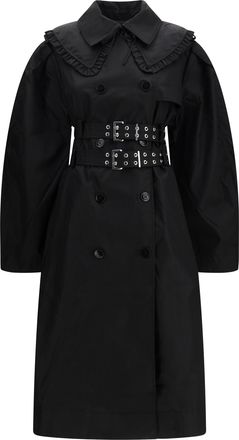 Ganni Womens Coat Belted Double-Breasted Black Nylon