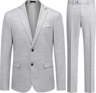 AlltheMen Mens 2 Piece Slim Fit Suits Business Checked 2 Button Tuxedo Suits Classic Stylish Suit Blazer Trousers 20 White M