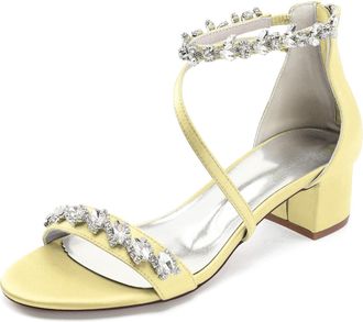 Generic Womens Wedding Heels Bridal Low Chunky Heels Sandals Satin Open Toe Heeled Party Dress Pump Shoes 4.5Cm,Yellow,10 UK
